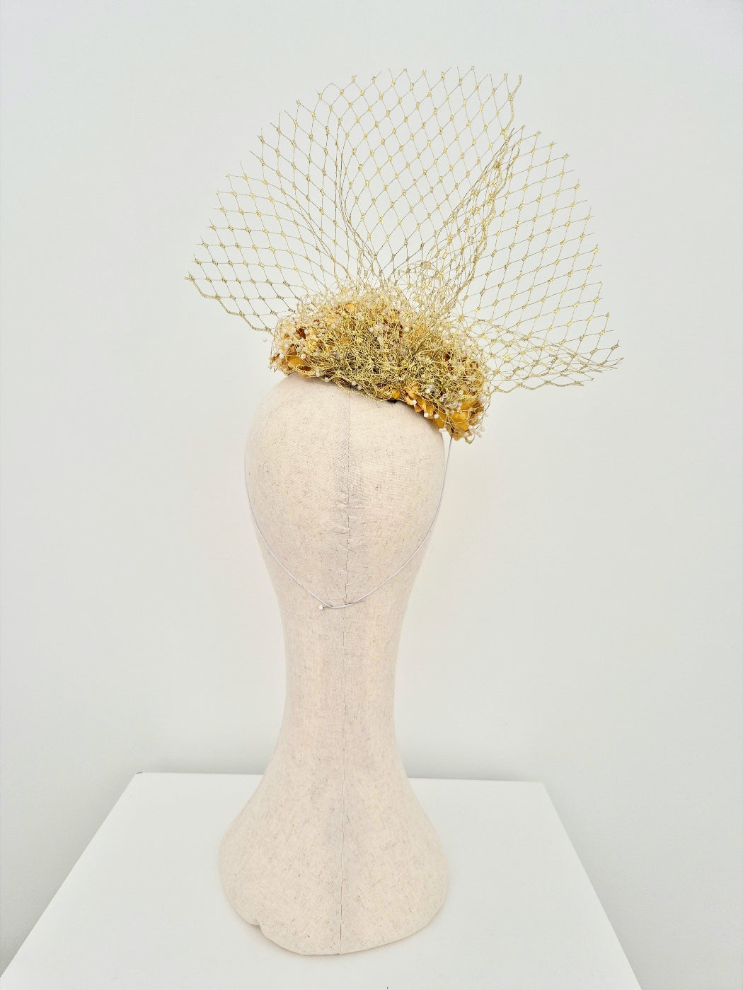 3D gold flower headpiece with veiling back view