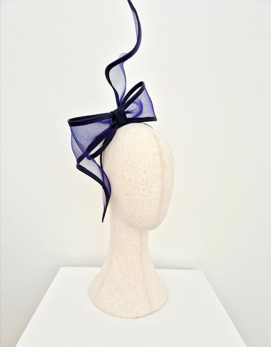 Navy blue bow headpiece side view