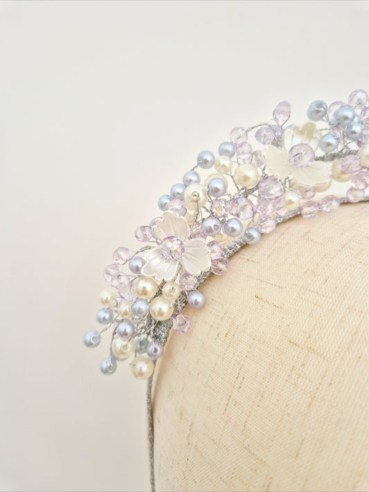 Miss Sienna. Womens pearl and crystal beaded headband in Pale Lavender / ivory