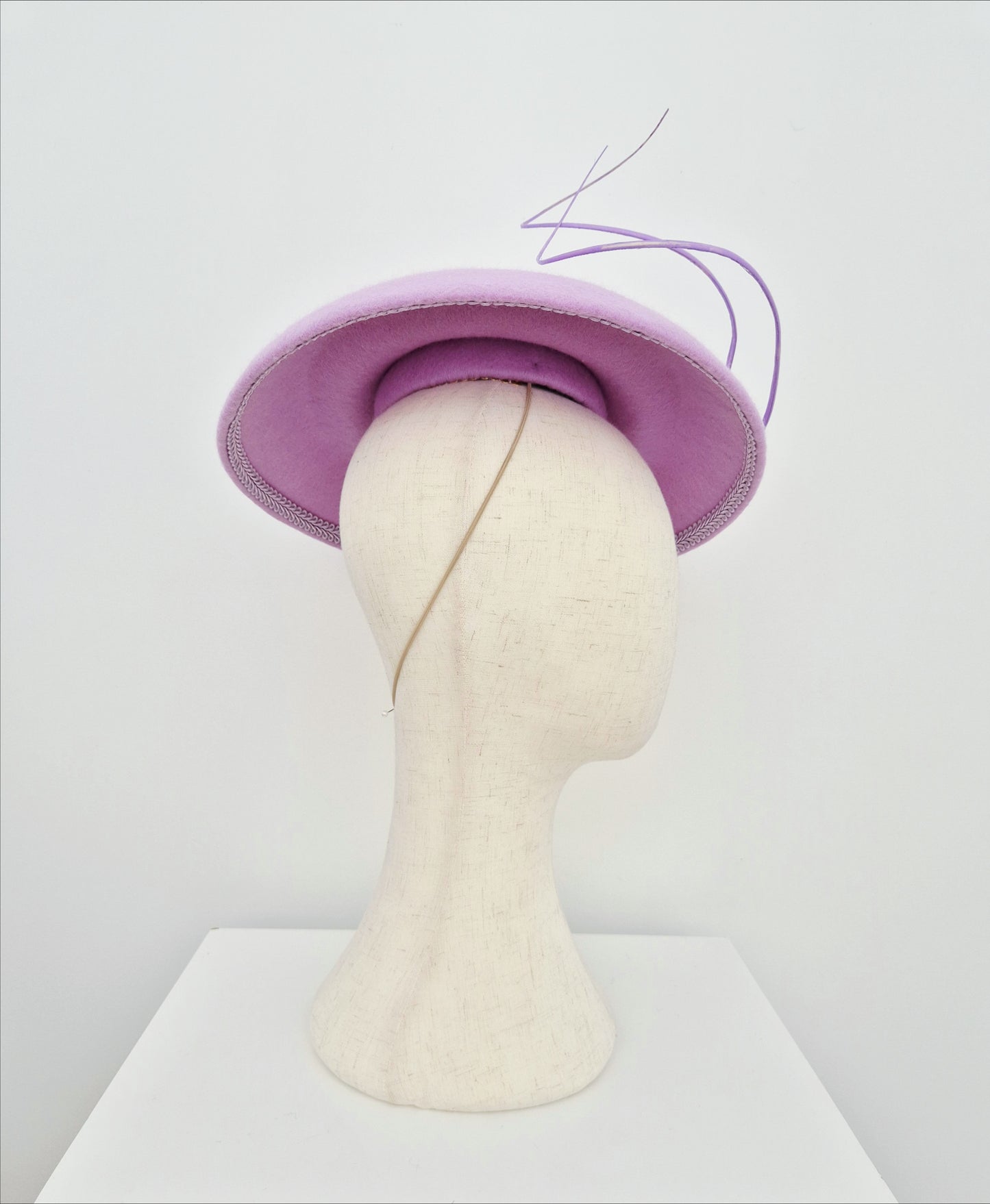 Miss Sasha. Womens Lilac wool felt hat with quills and pearl