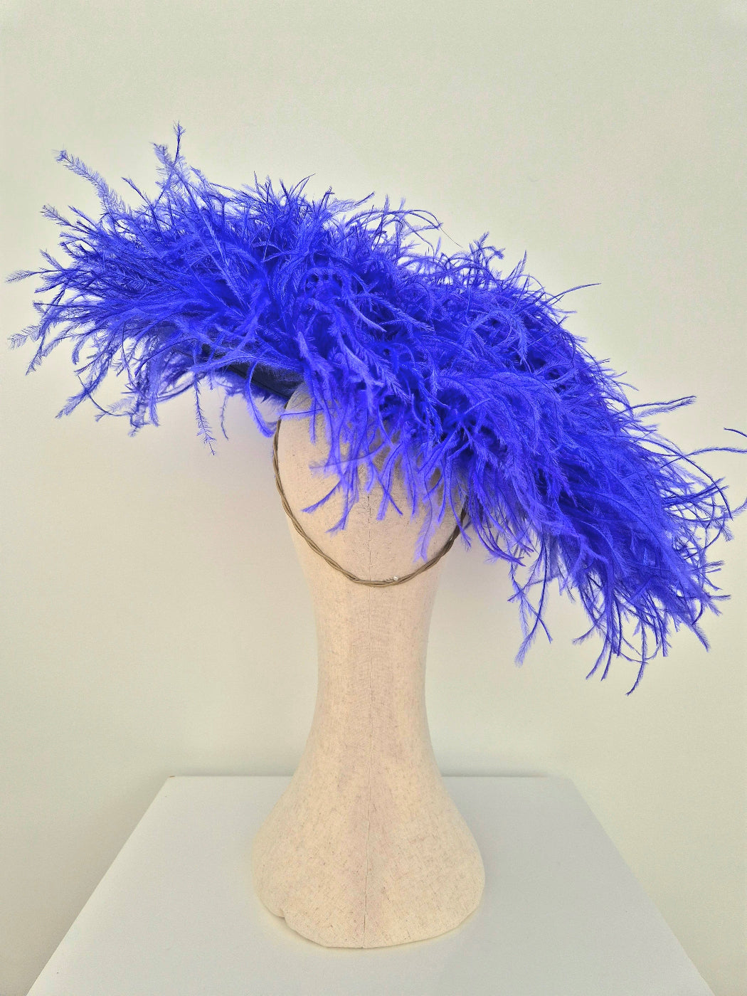 back view bright blue feather hat