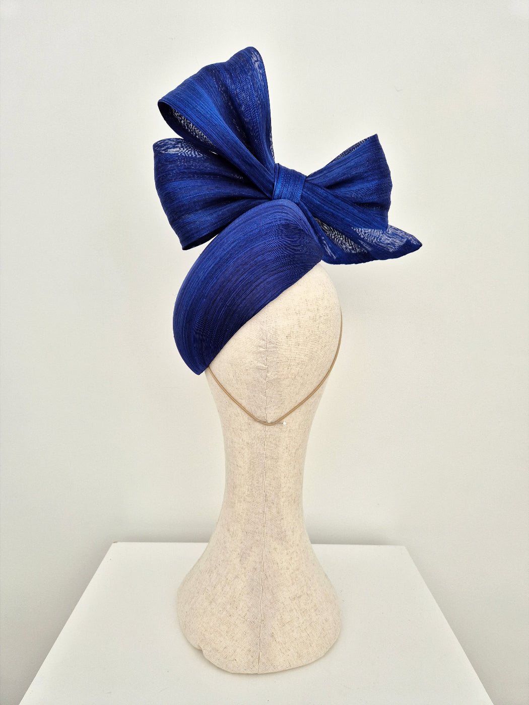royal blue silk abaca headpiece with bow back view