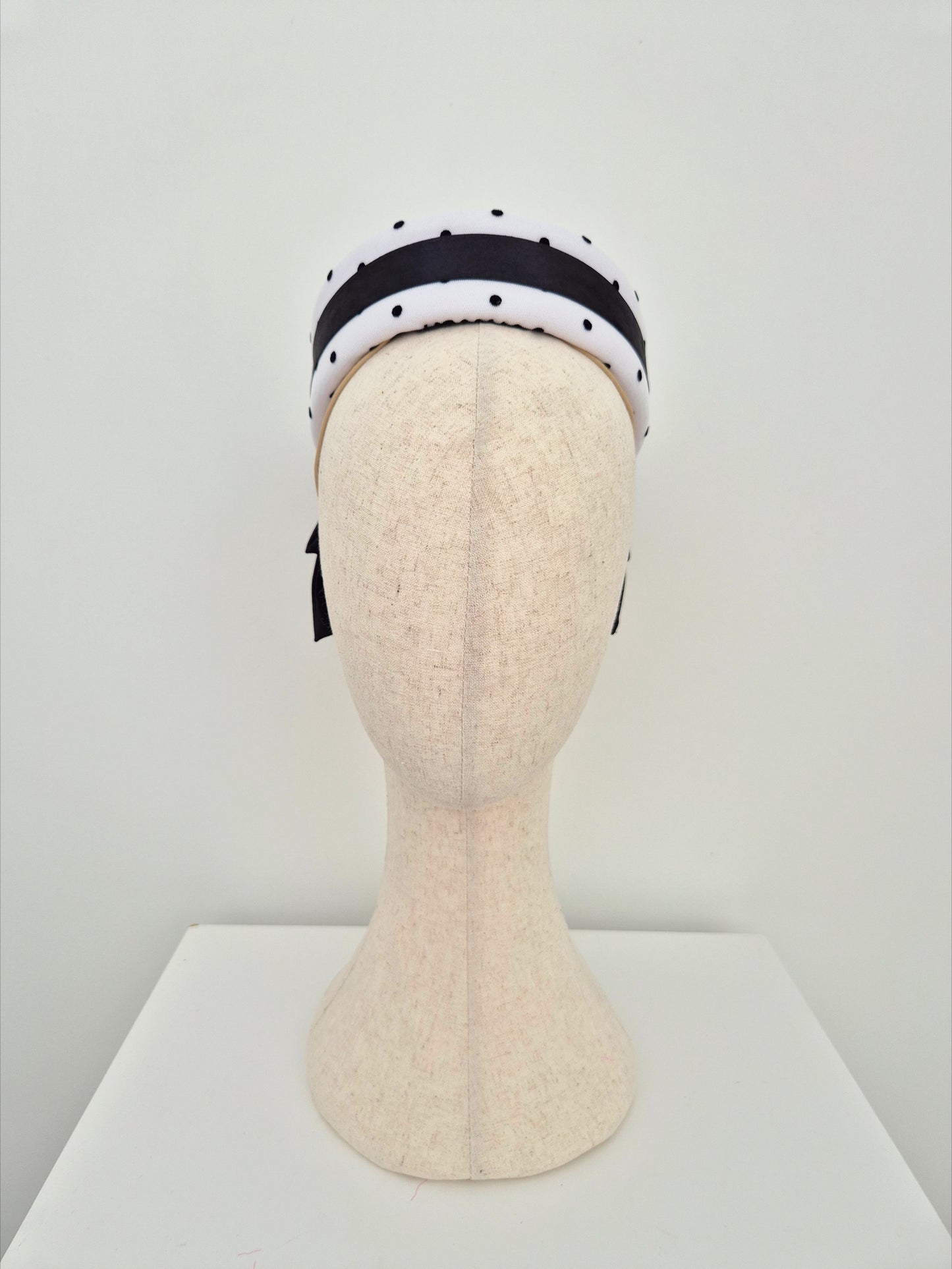 black and white polka dot pillbox headpiece with bow