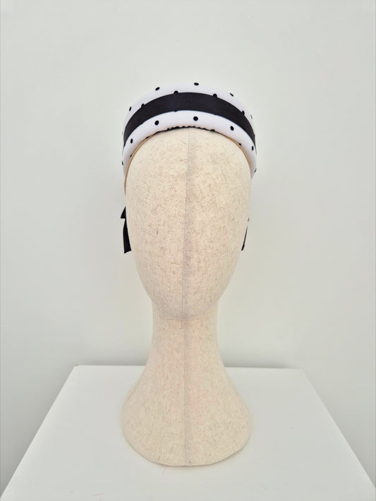 black and white polka dot pillbox headpiece with bow