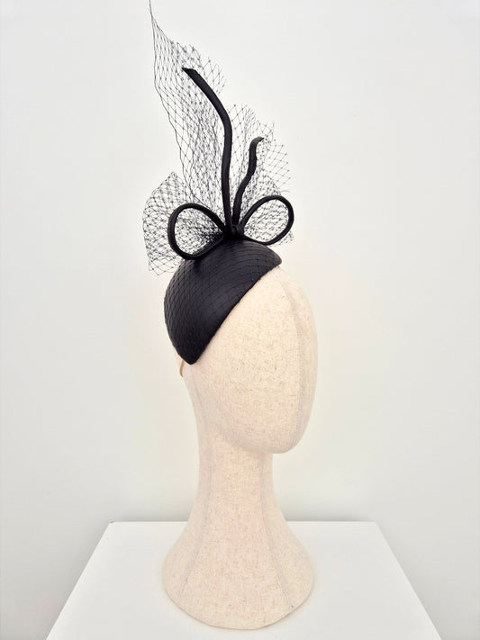 black leather headpiece with bow side view
