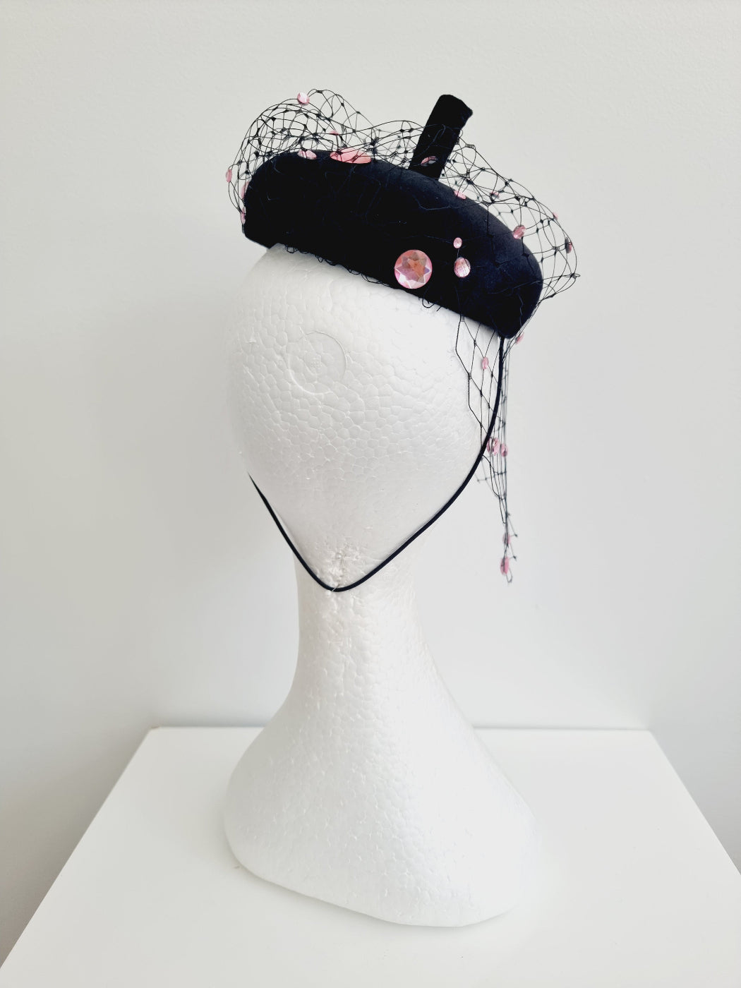 back view black velvet button headpiece