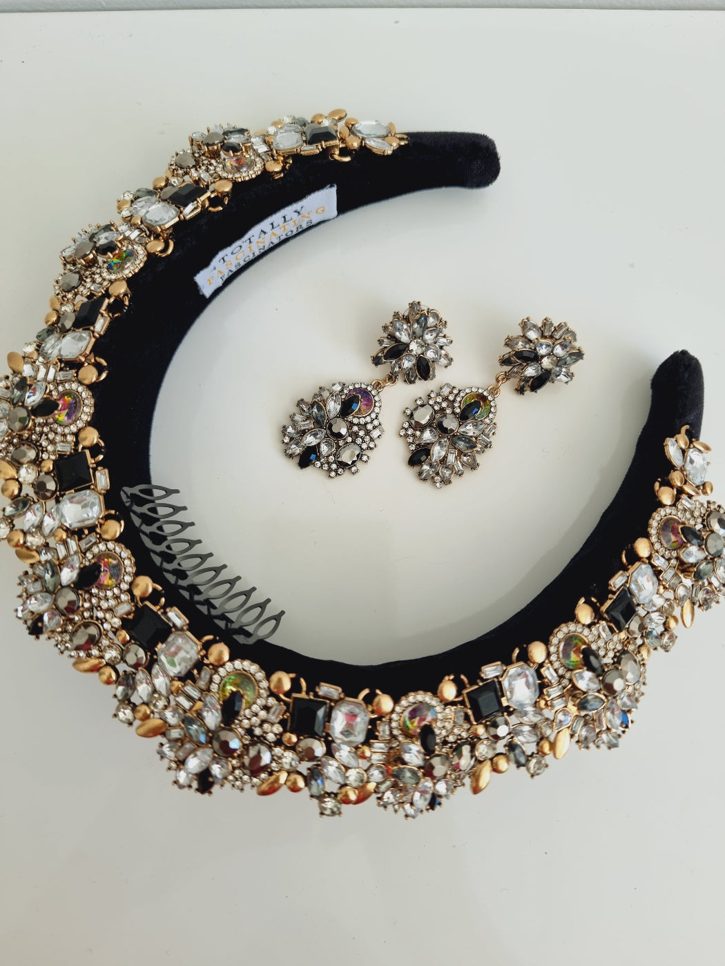 flat lay black velvet rhinestone headband set