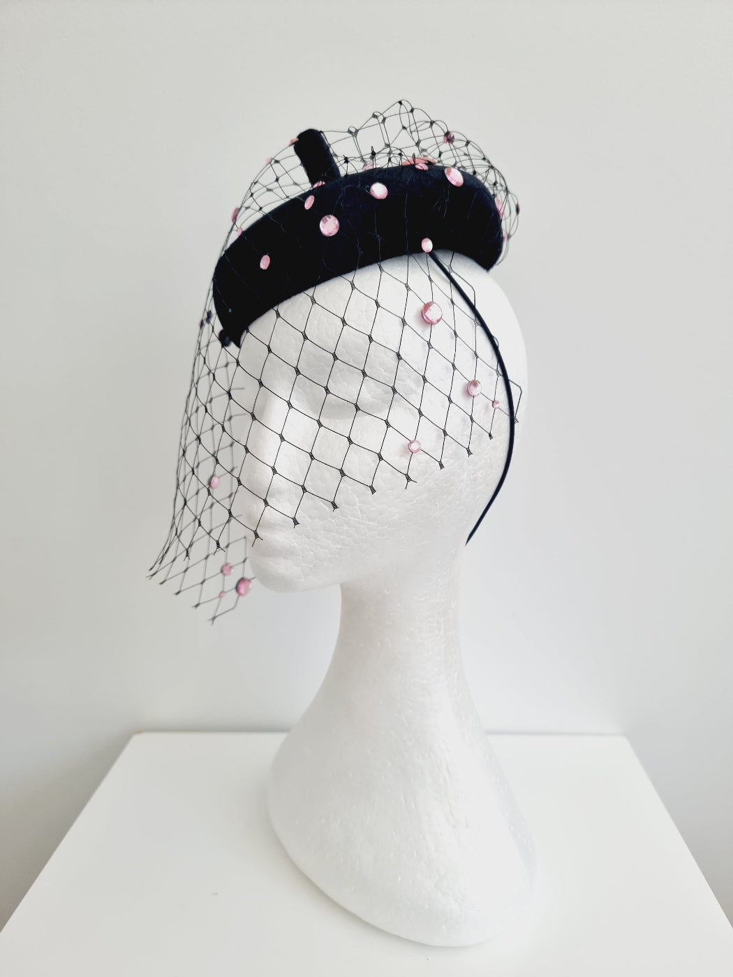 side front black velvet button headpiece