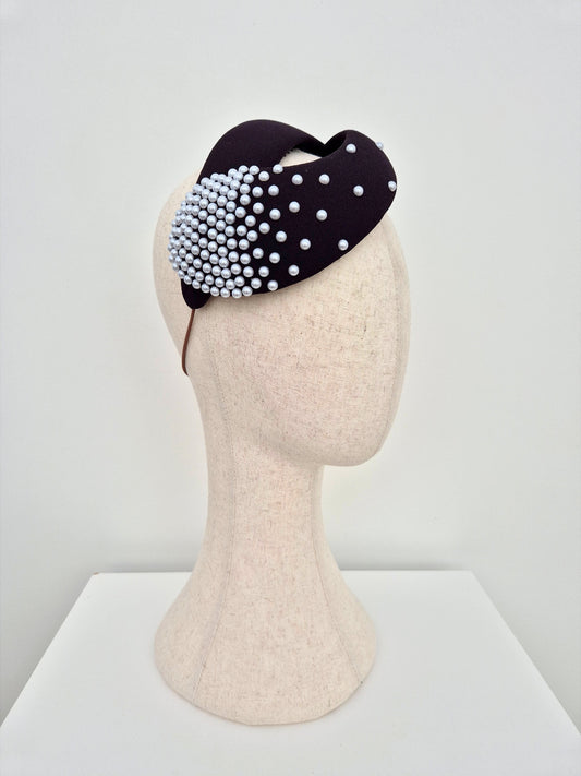 black vintage style headpiece with pearls side view