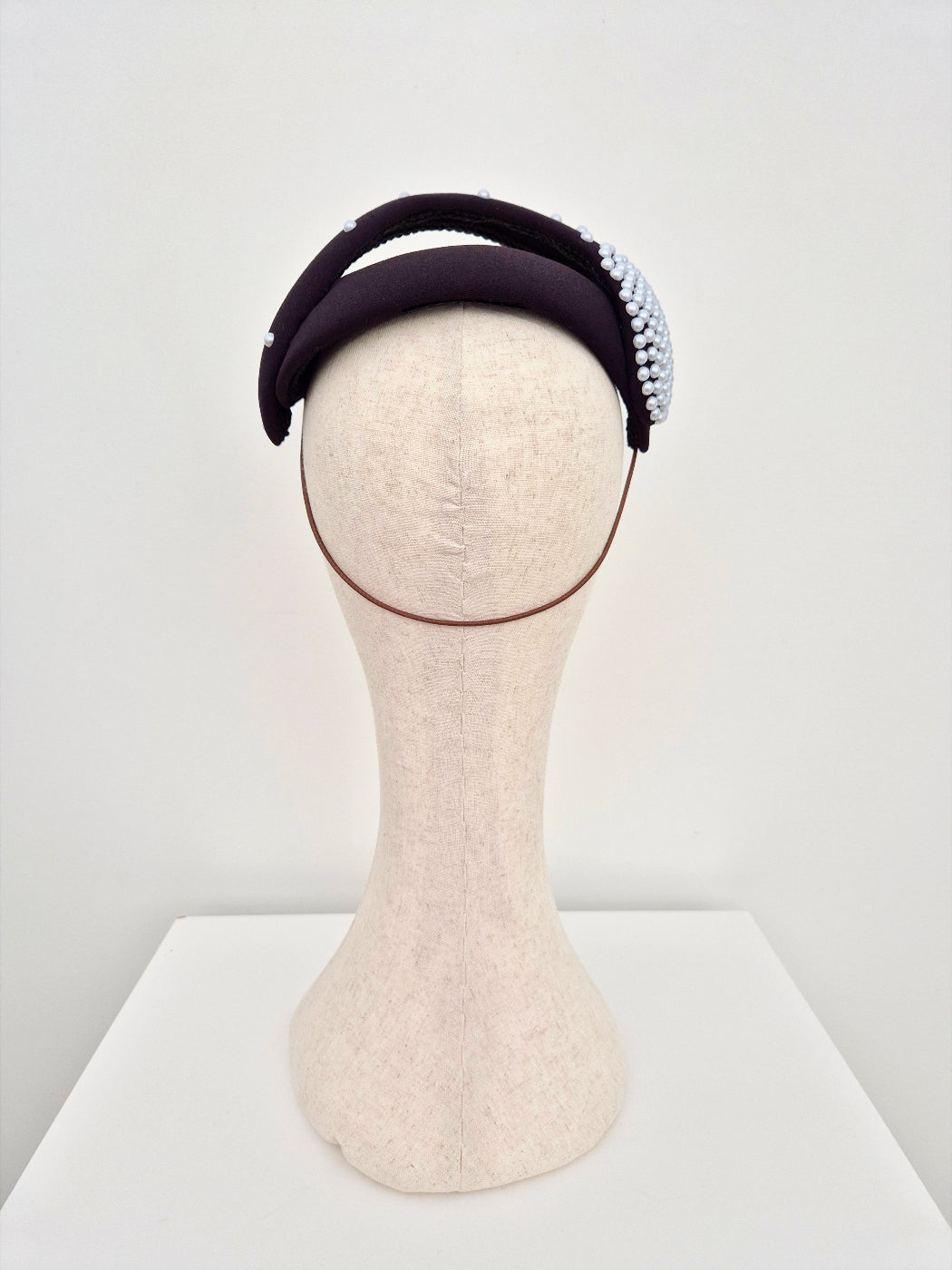 black vintage style headpiece with pearls back view