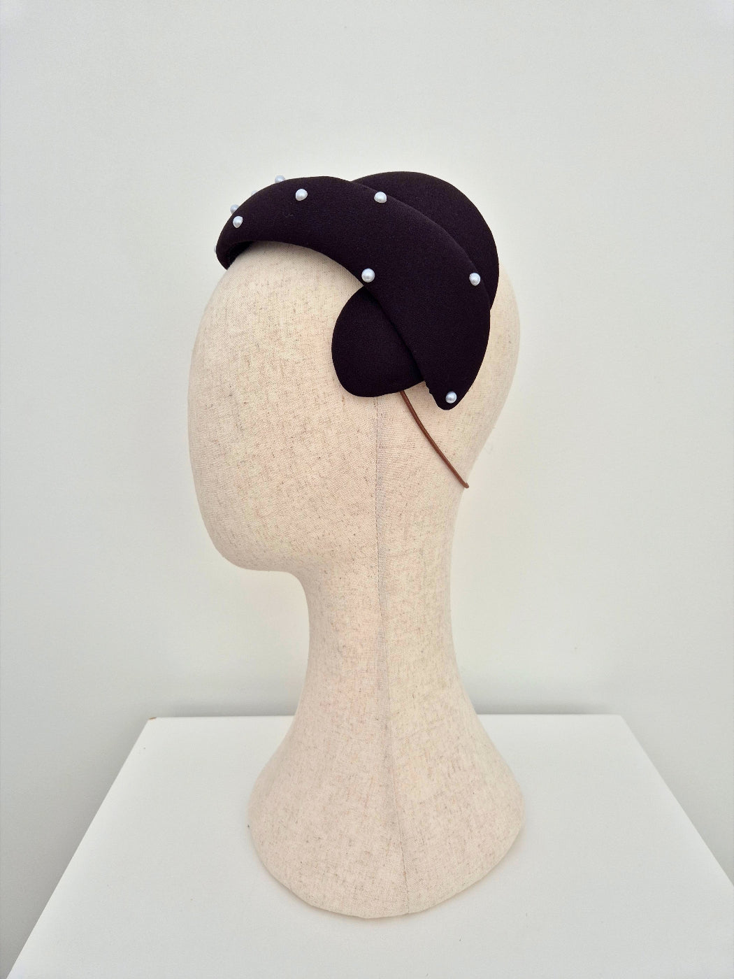 black vintage style headpiece with pearls side view 2