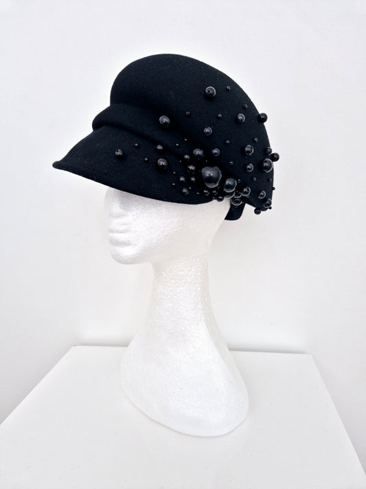black wool felt cap with pearls side front