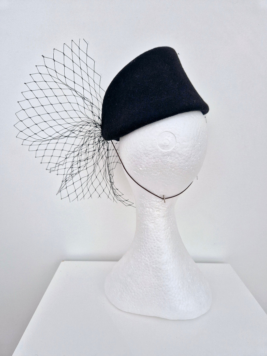 black wool felt headpiece with veiling back