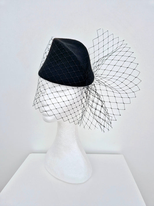 black wool felt headpiece with veiling side view