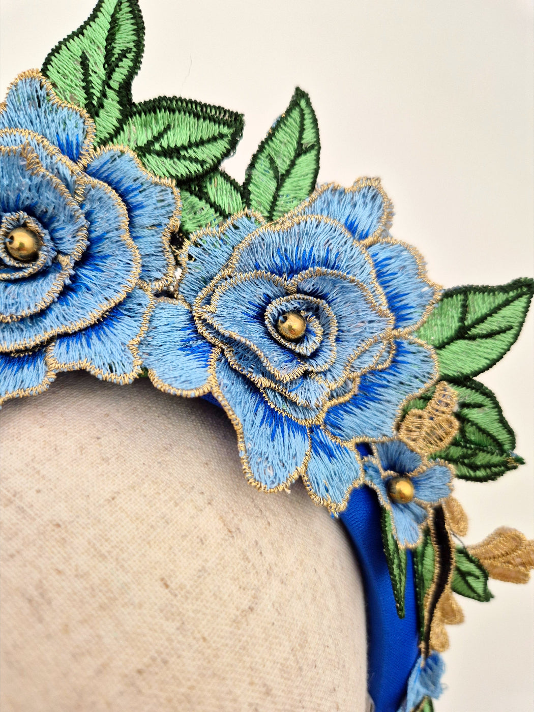 close up 3d floral lace headband blue