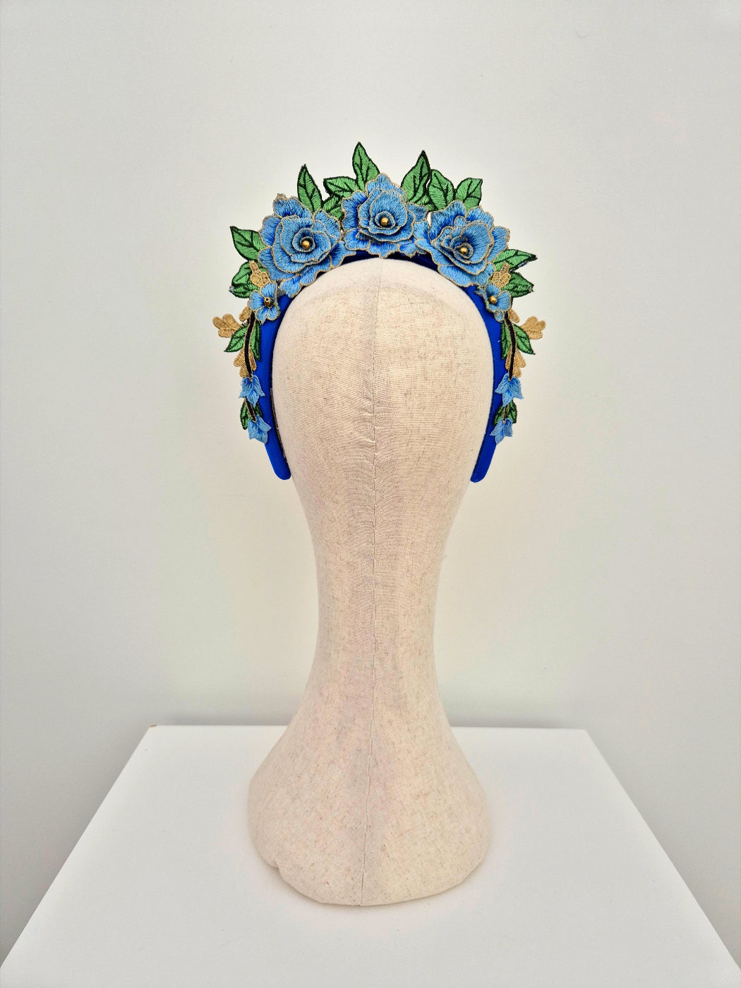 blue floral lace headband back view
