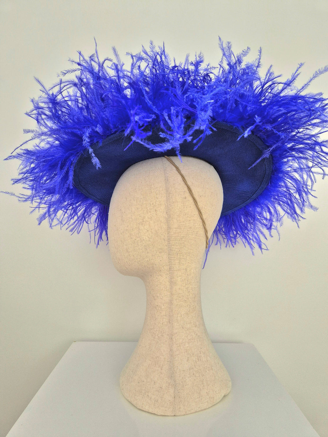 bright blue feather hat side view