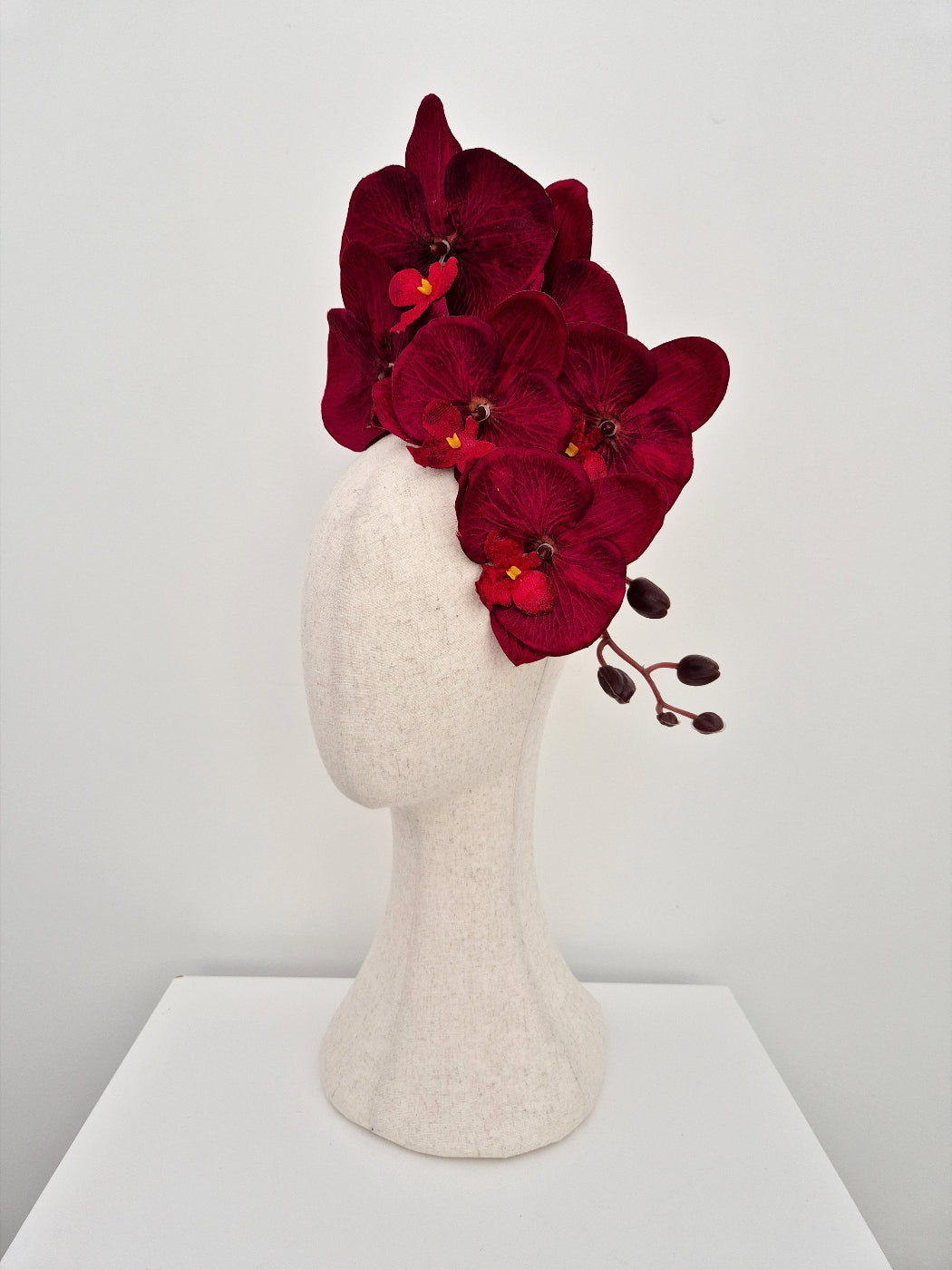 burgundy orchid headpiece side view