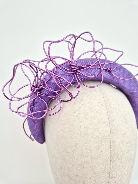 close up deep lilac straw headband with wire flowers