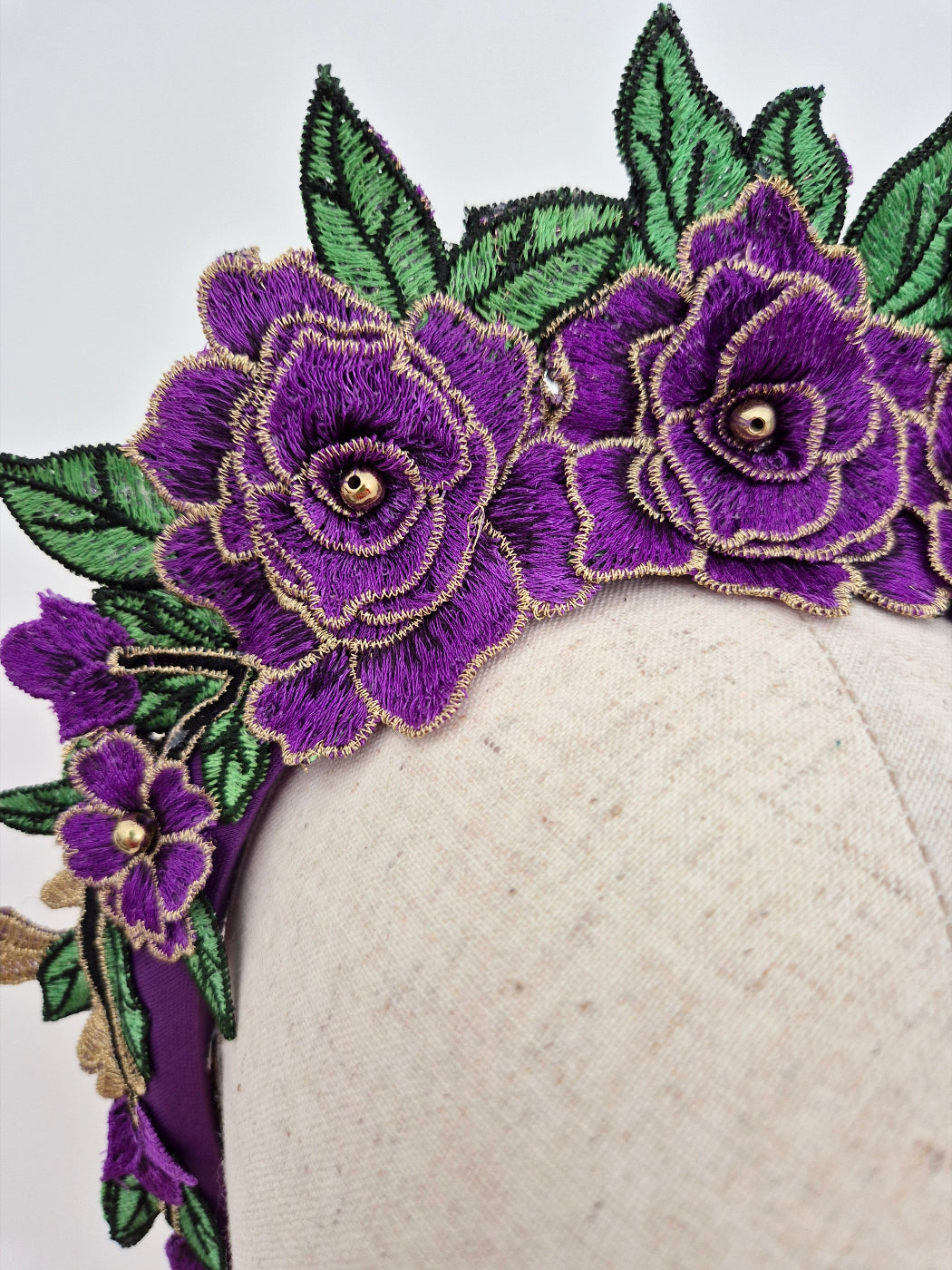 close up purple floral lace headband