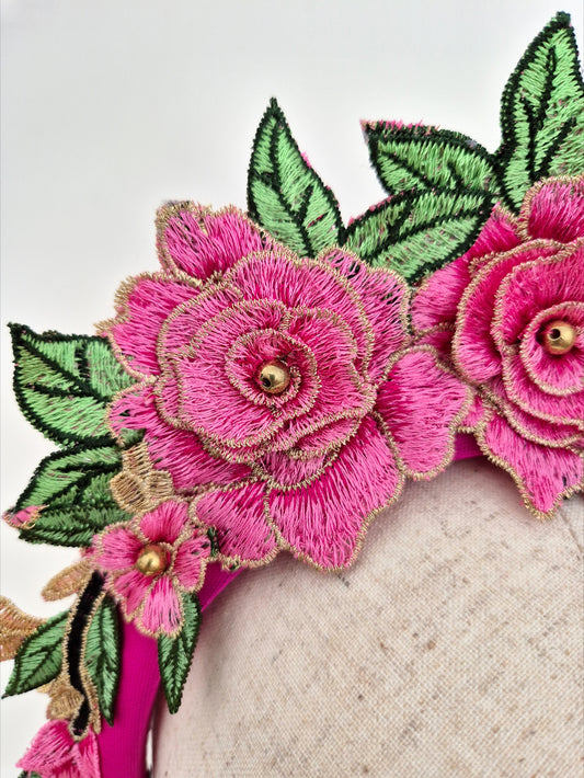 close up hot pink floral lace headband