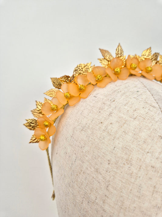 close up orange floral crown