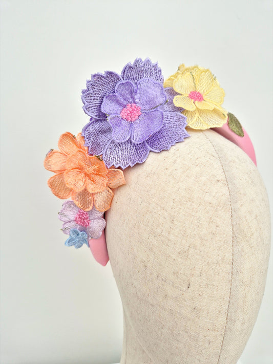 close up pink 3 floral lace headband