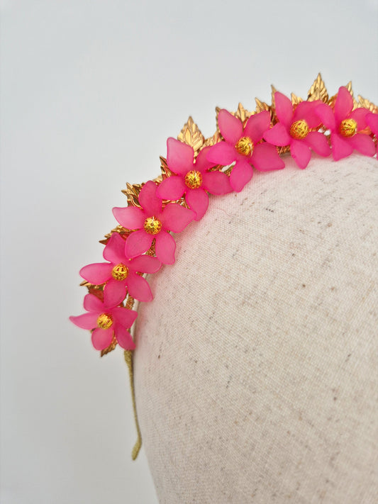 close up pink floral crown