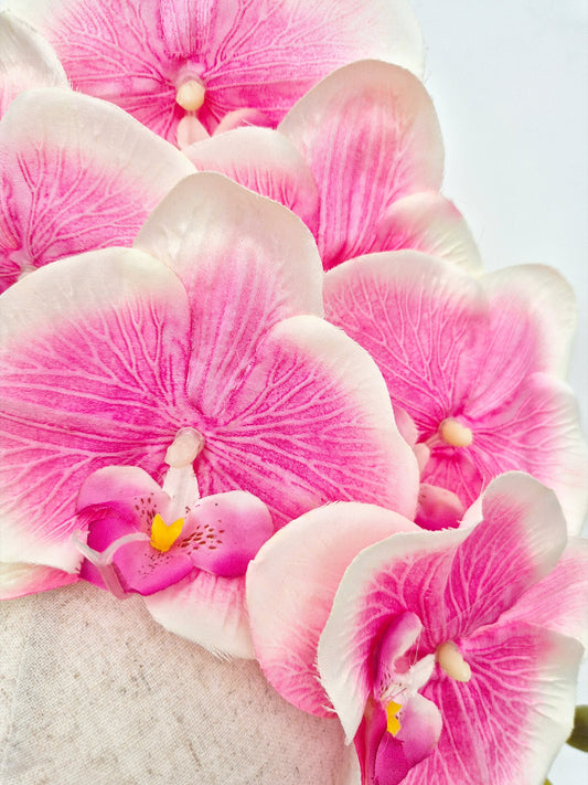 close up pink and ivory orchid headpiece
