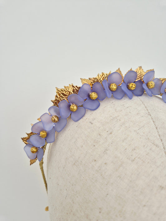 close up dusty blue floral crown