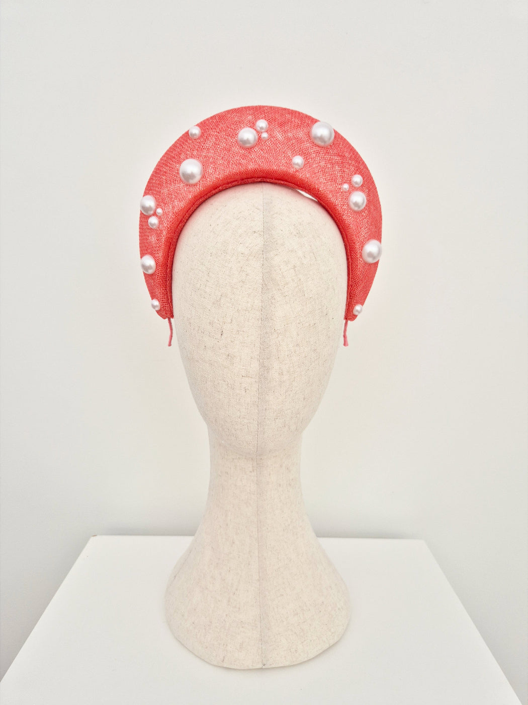 coral straw halo headpiece with pearls
