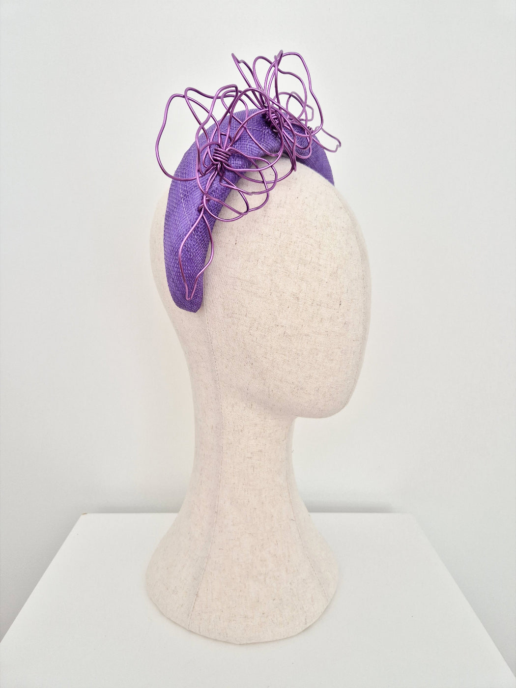 deep lilac straw headband with wire flowers