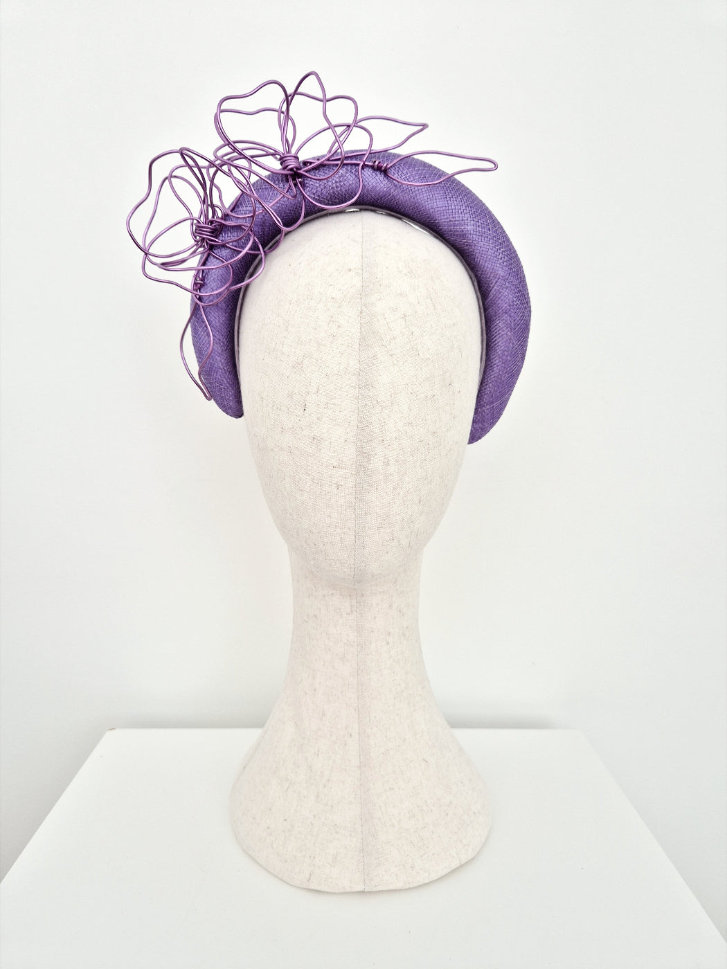 deep lilac straw headpiece with wire flowers