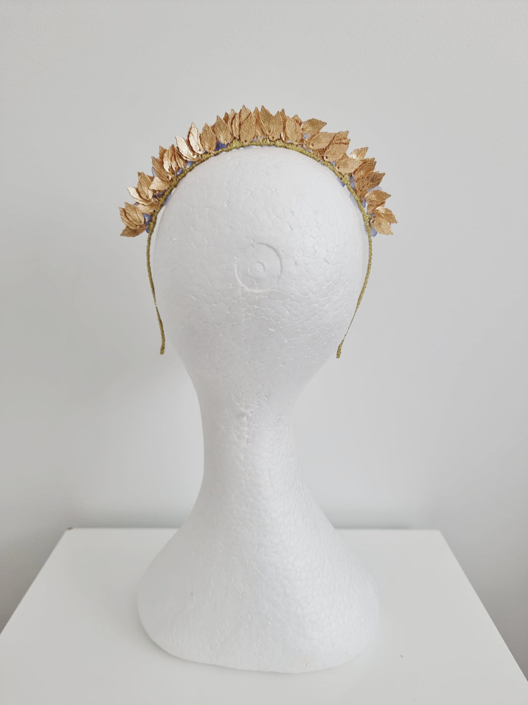 dusty blue and gold floral headpiece back view