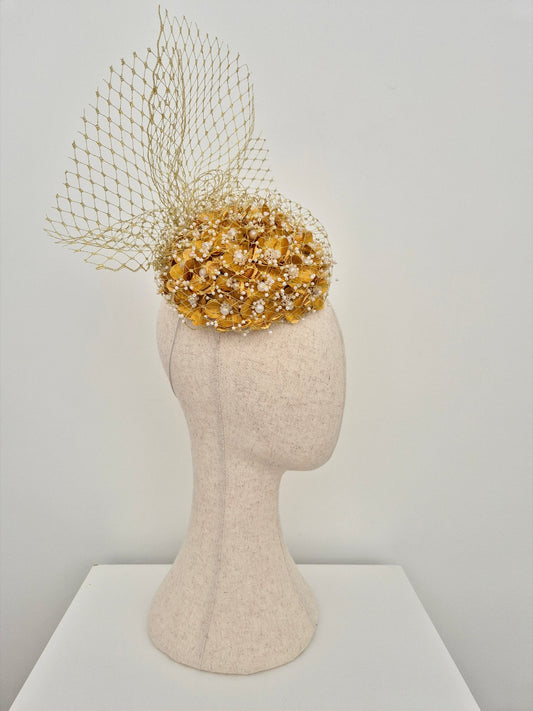 gold 3d flower headpiece with veiling side fornt
