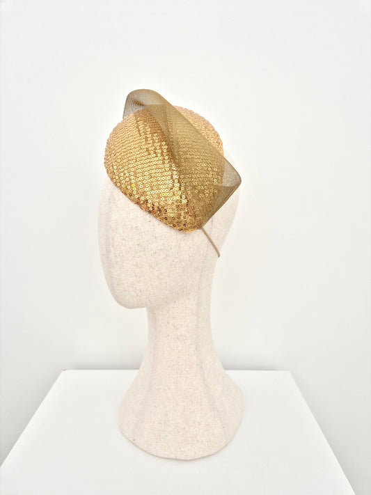 gold sequin headpiece side view