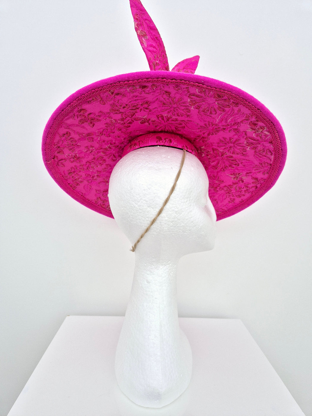 hot pink felt and brocade coolie hat side view