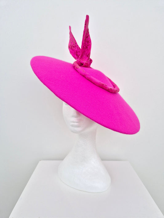 hot pink felt and brocade coolie hat side front view