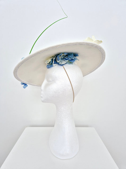ivory and blue floral headpiece underside view