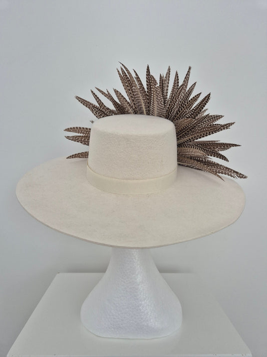 ivory felt hat with feather back view