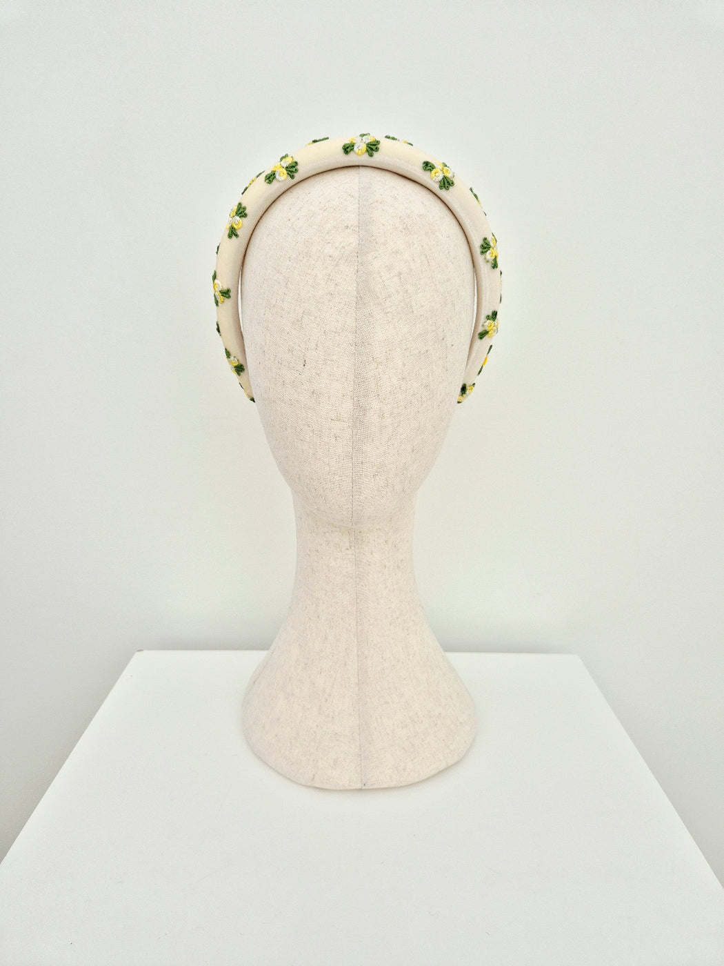 ivory velvet headband with yellow rosebuds