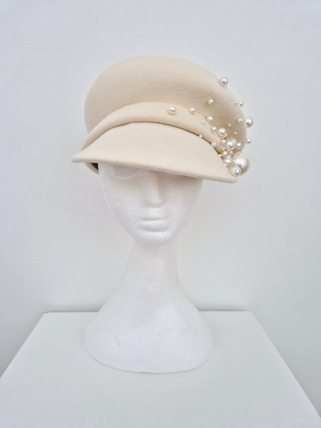 ivory wool cap with pearls