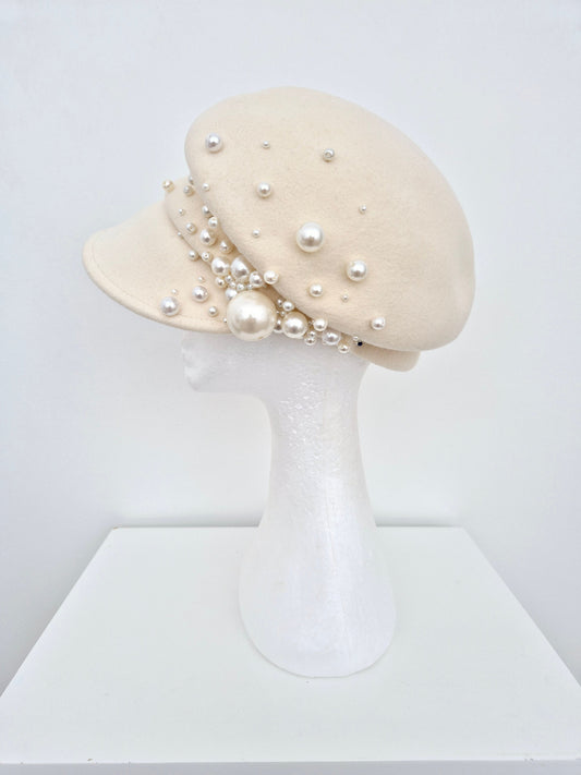 ivory wool felt cap with beads side view