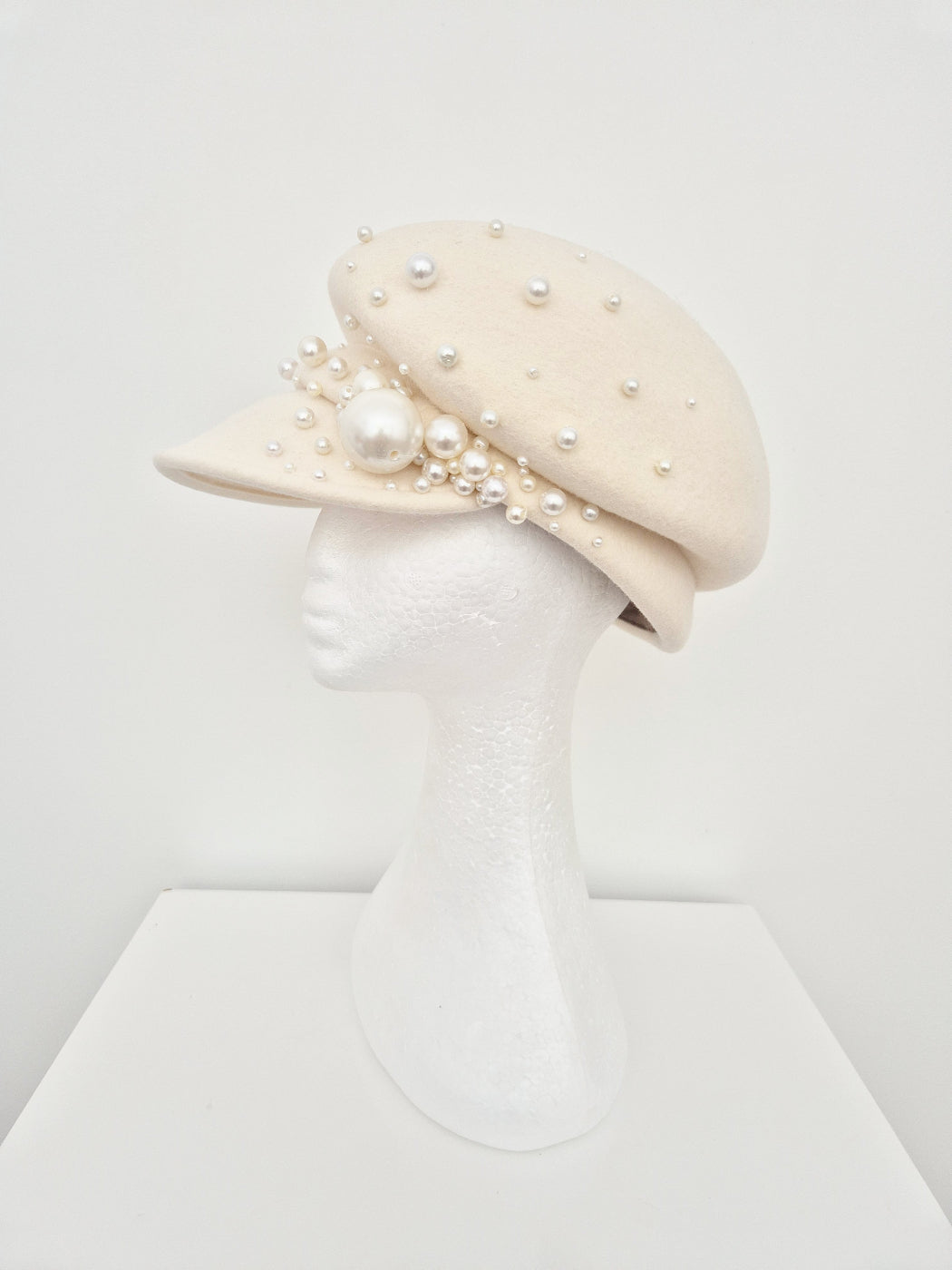 ivory wool felt scrunch cap with pearls side view