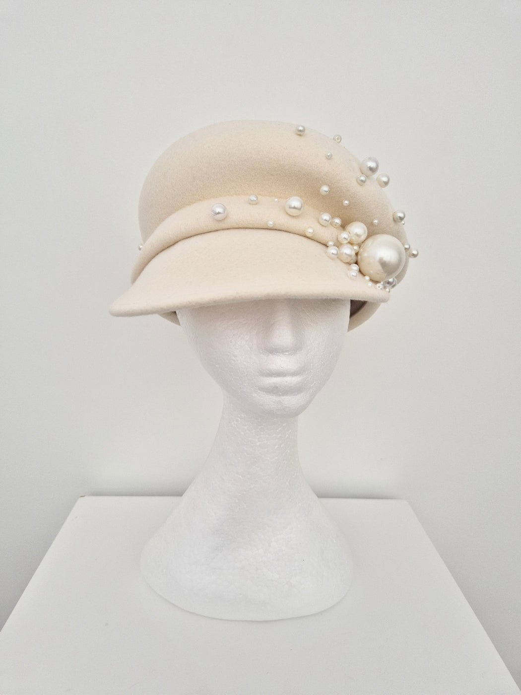 ivory wool felt scrunch cap with pearls