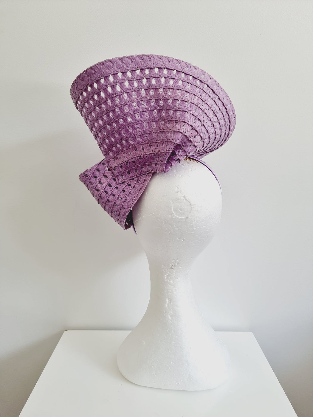 lavender straw headpiece back view