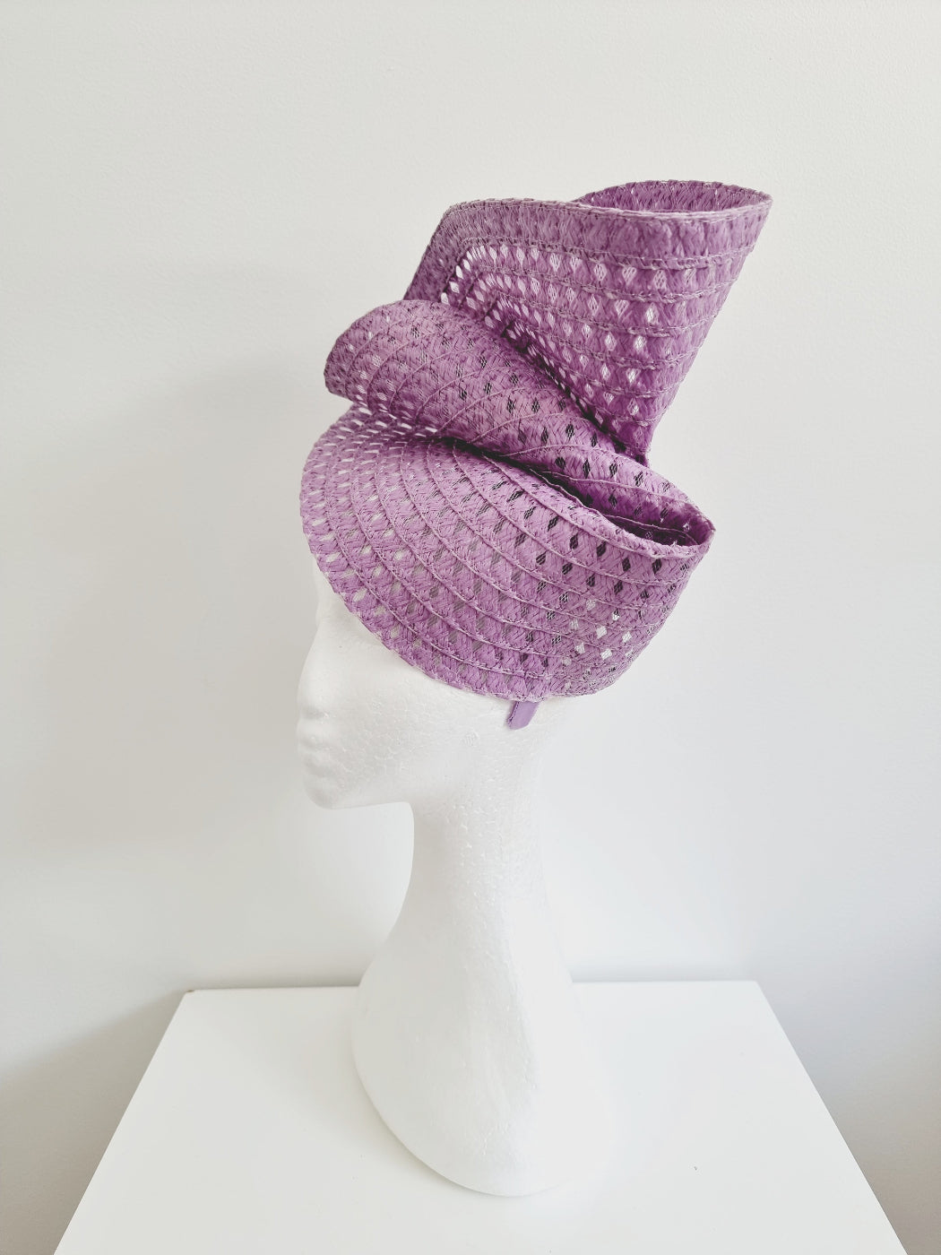 lavender straw headpiece side view