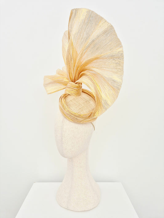 light gold silk abaca fan headpiece side view