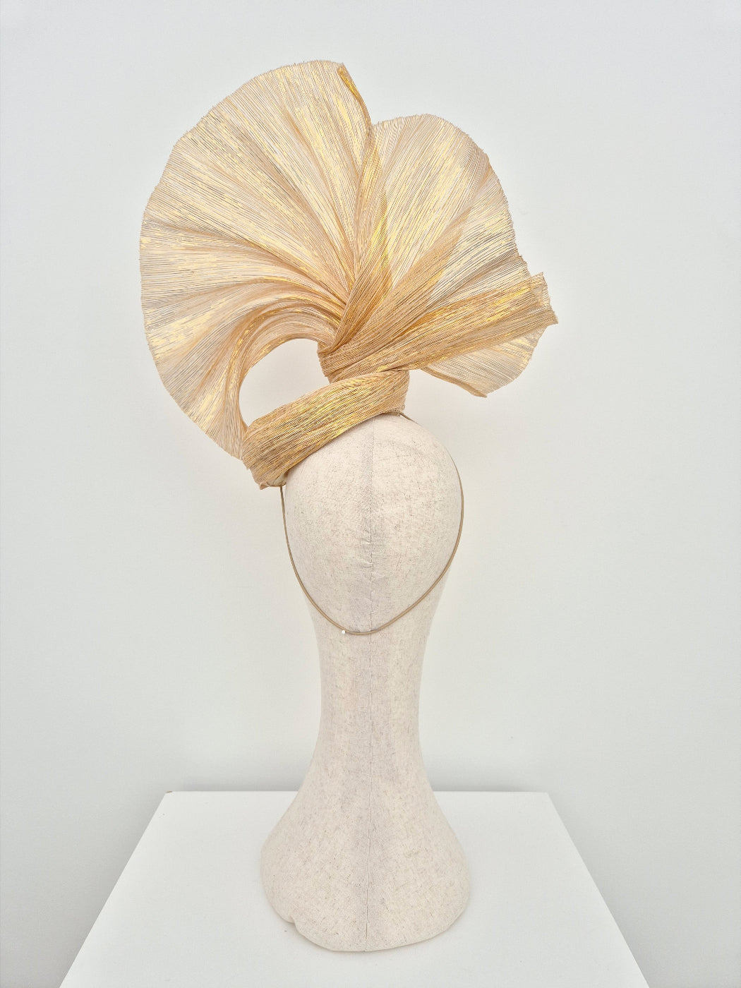 light gold silk abaca fan style headpiece back view