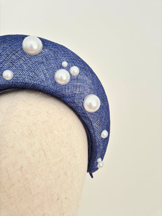 light navy blue straw halo with pearls close up